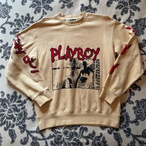 PLAYBOY Beige and Red Graphic Crewneck Sweater